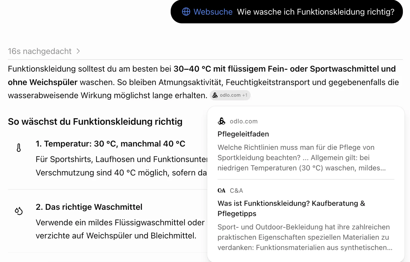 ChatGPT-Antwort auf die Frage, wie man Funktionskleidung wäscht. Als Quellen sind Pflegeratgeber von Odlo und C&A verlinkt, im Antworttext wird keine der Marken genannt