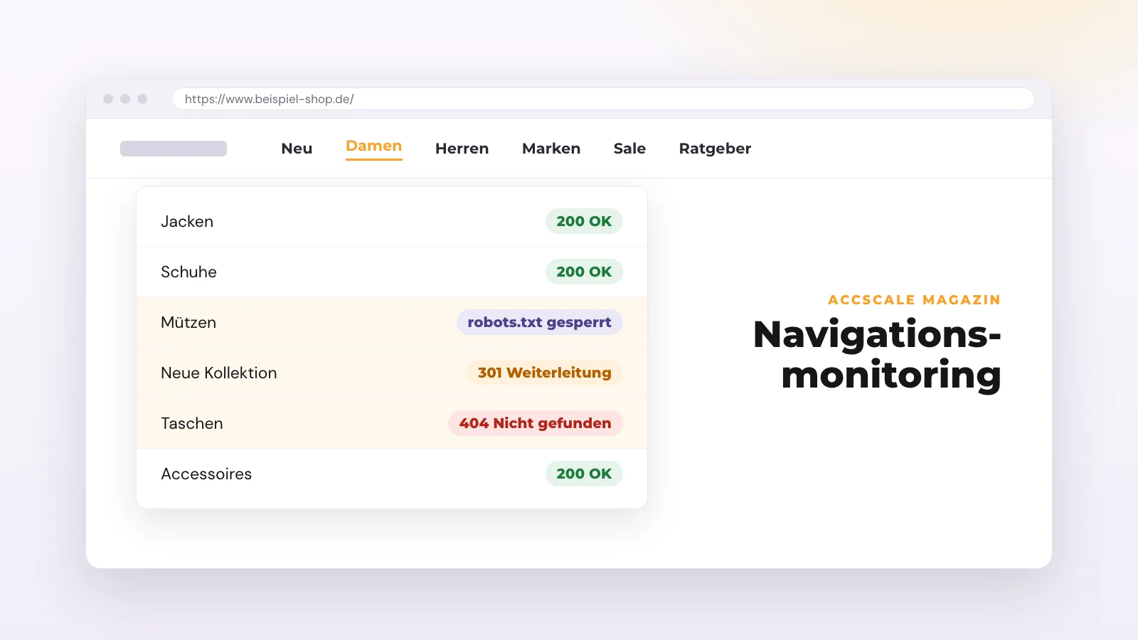 Ausgeklapptes Shop-Menü, an jedem Menüpunkt ein Prüfstatus: 200 OK, 301 Weiterleitung, 404 Nicht gefunden und robots.txt gesperrt