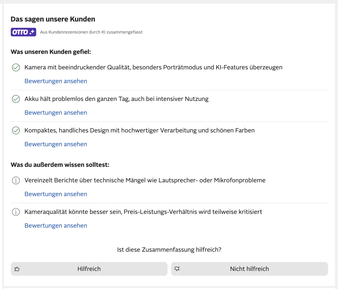 Produktseite bei Otto mit einer KI-Zusammenfassung der Kundenbewertungen, getrennt nach Lob und Kritik