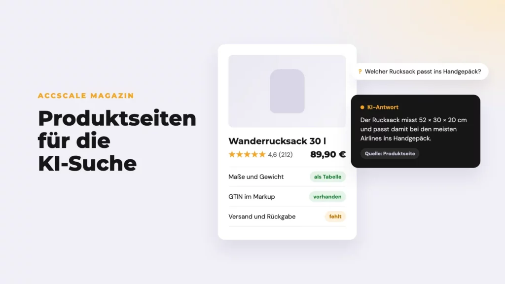 Produktkarte eines Wanderrucksacks mit Prüfstatus für Maße als Tabelle, GTIN im Markup und fehlende Versandangaben, daneben eine KI-Antwort, die die Produktseite als Quelle nennt